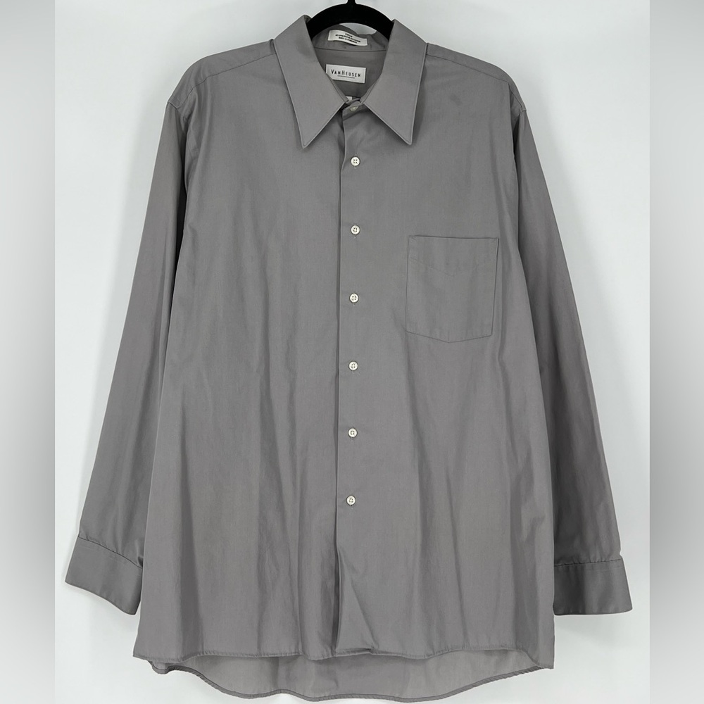 Van Heusen grey men's poplin Wrinkle Free shirt in a‎ long-sleeve style.